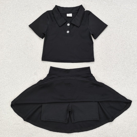 GSD1397 Baby Girls Black Buttons Shirt Skirt Active Wear Clothes Set