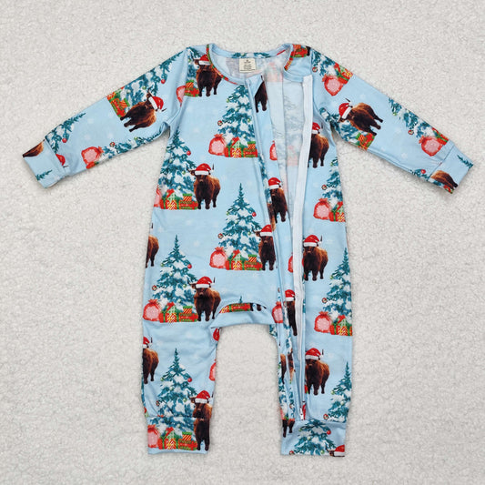 LR1459 Baby Infant Boys Christmas Western Highland Cow Zip Bamboo Romper