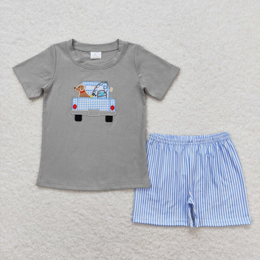 BSSO0664 Embroidered Fishing puppy Truck Grey short sleeve blue striped shorts set