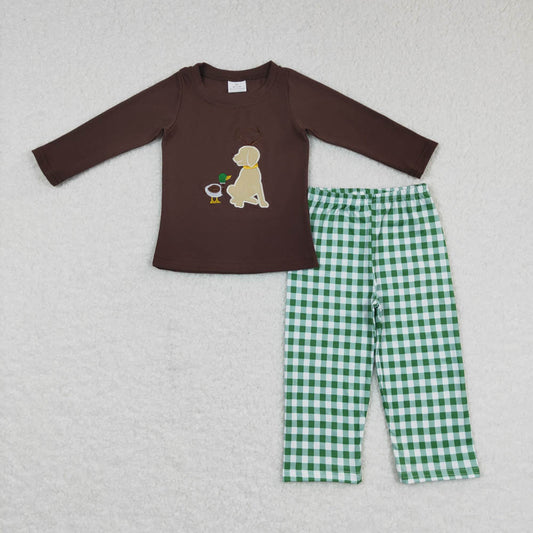 FLP0293 Embroidery Mallard Puppy Brown Long Sleeve Green and White Plaid Pants Suit
