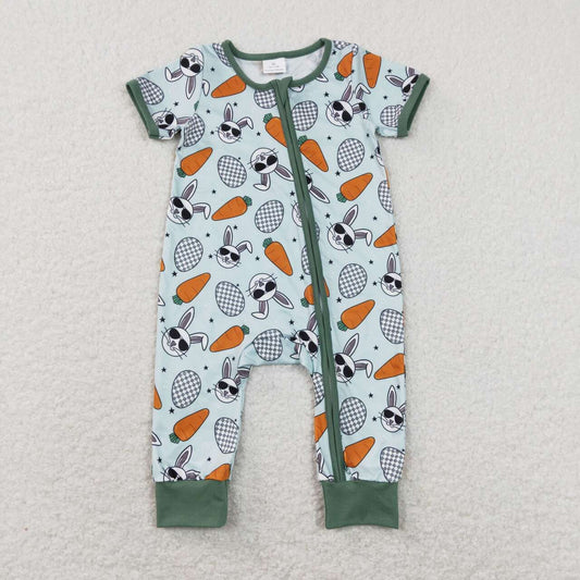 SR1014 Rabbit Easter Egg Carrot Green Zipper Short Sleeve Jumpsuit