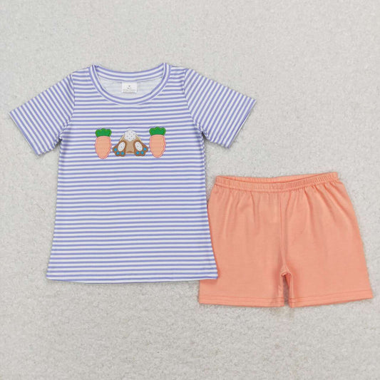 BSSO0301 Embroidered carrot Rabbit Blue and white striped short sleeve orange shorts set