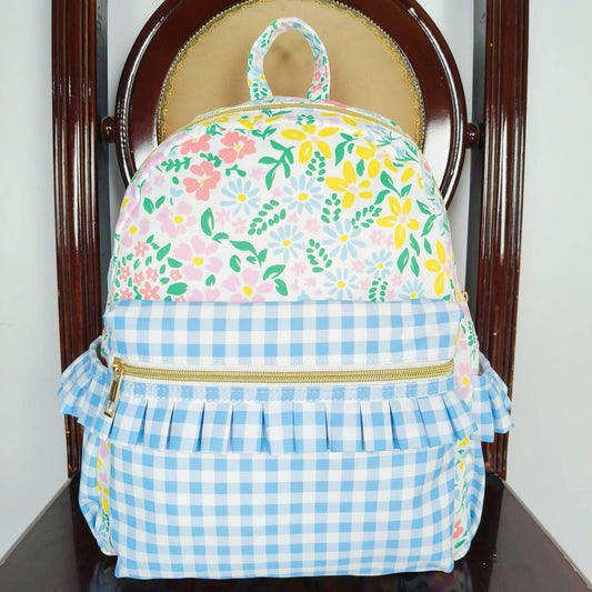 BA0097 Flower pink lace light blue check backpack