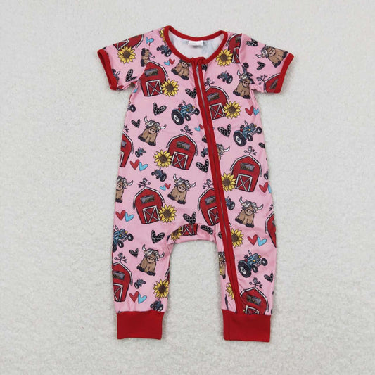 SR1368 Love Red House Bull Red lace pink zipper short-sleeved onesie