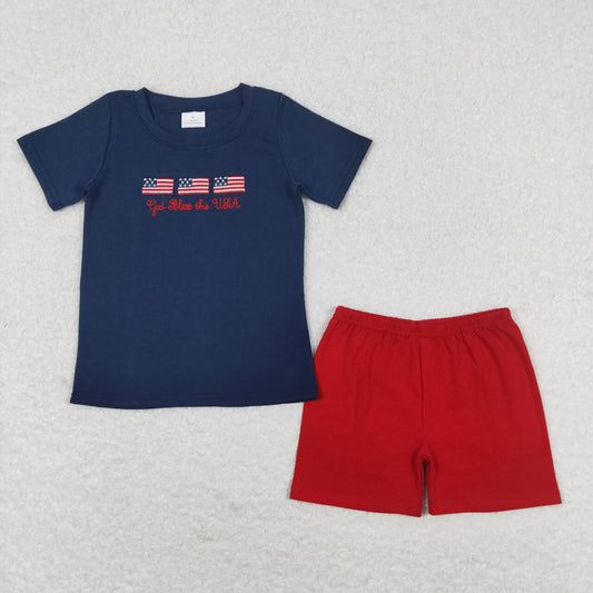 BSSO0713 4th of July Embroidered flag navy blue short sleeve red shorts set