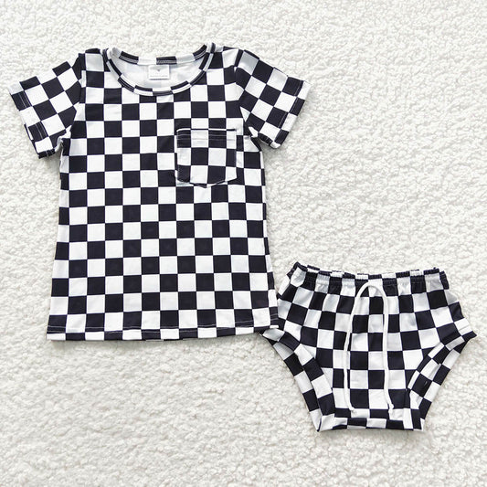 GBO0144 Black checked short-sleeved briefs suit