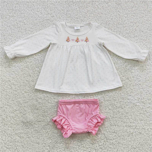GBO0165 Embroidered Christmas Tree bow polka dot pink and white long-sleeved panty suit