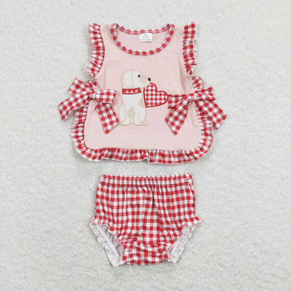 Sibling Baby Boys Girls Embroidery Heart Dogs Red Checked Pant Bummies Valentines Clothes Sets C11.29