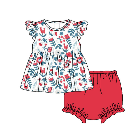 GBO0356Baby Girls Red Green Flowers Top Bummies Clothes Sets Preorder
