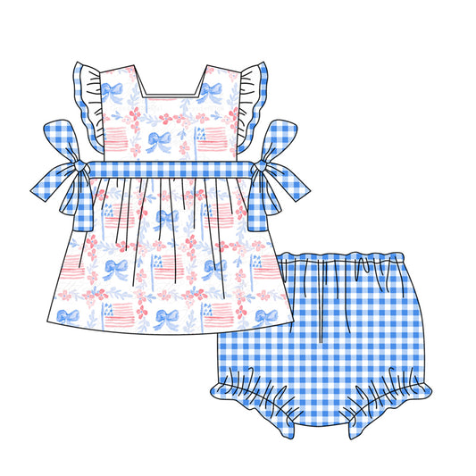 GBO0363Baby Girls Blue Bows Flags Tunic Top Bummies Clothes Sets Preorder