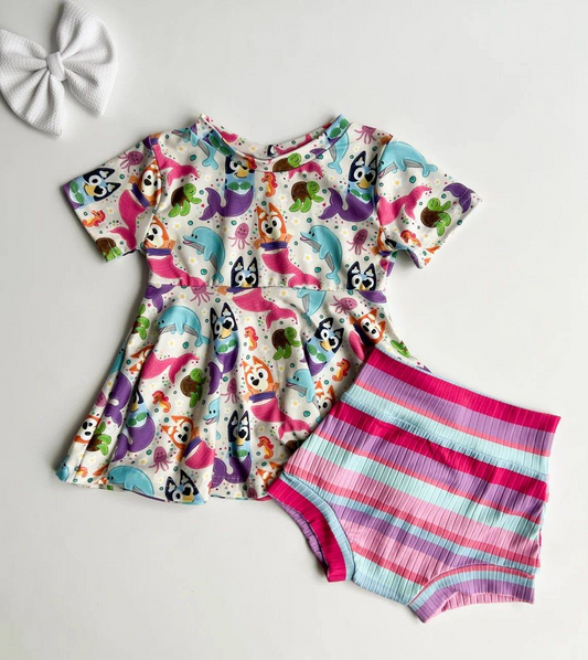GBO0364Baby Girls Dogs Mermaid Tunic Top Bummies Clothes Sets Preorder