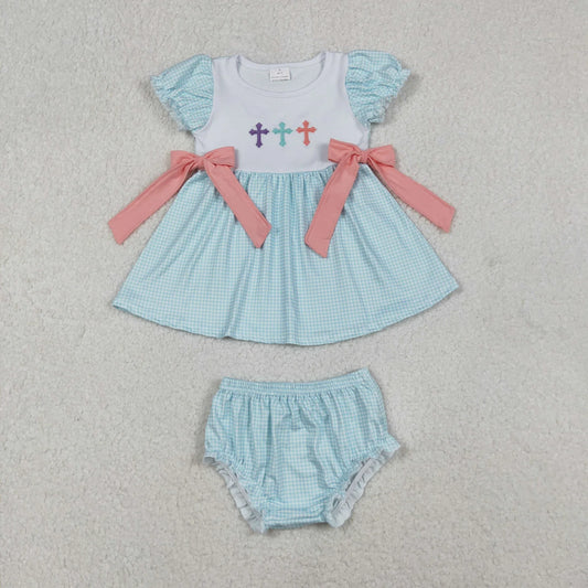 Embroidery Crosses Baby Girls Bows Easter Knee Length Dresses Bummies Clothes Sets C11.4