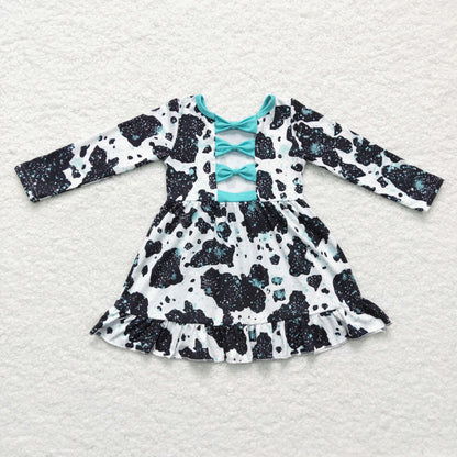 Sibling Baby Girls Cow Turquoises Ruffle Pants Western Clothes Sets Knee Length Dress Rompers C12.2