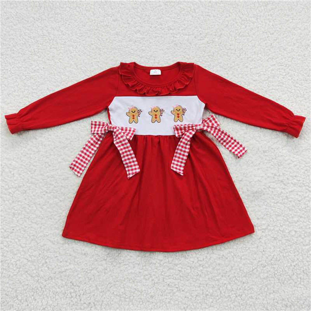GLD0218 Embroidery gingerbread man Long sleeve with red plaid bow