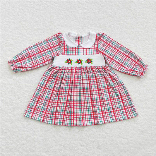 GLD0300 Girls Christmas Embroidered Flower Red Plaid Long Sleeve Dress