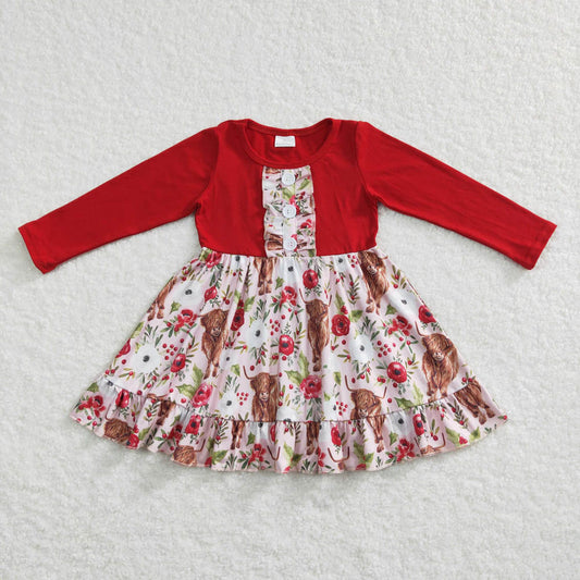 GLD0322 Alpine cow flower lace red long-sleeved dress