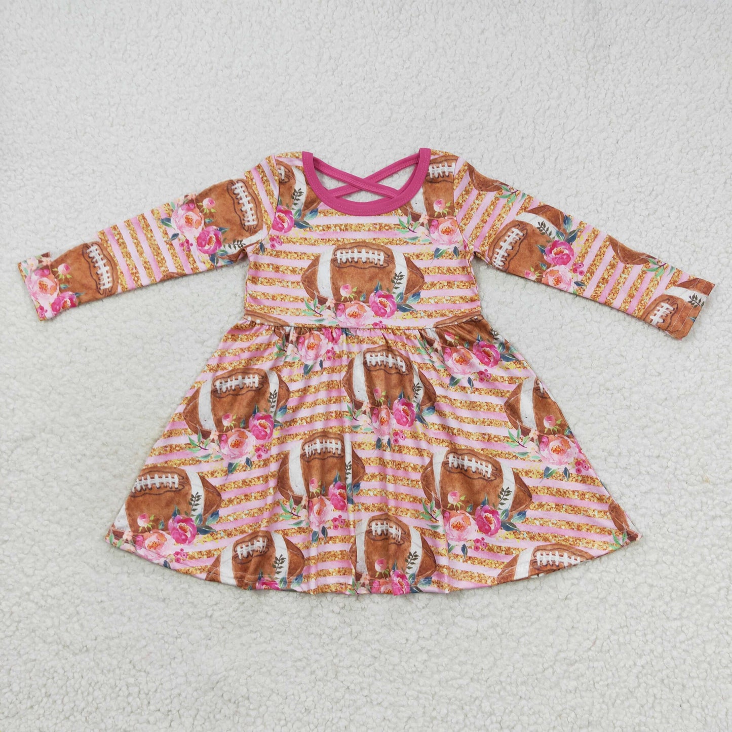 GLD0326 Baby Girls Pink Football Flowers Long Sleeve Dress
