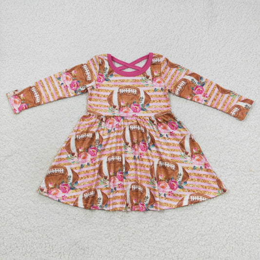 GLD0326 Baby Girls Pink Football Flowers Long Sleeve Dress