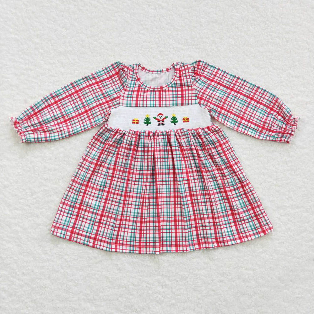 GLD0331smocked embroidered gift Santa Claus red and green plaid dress
