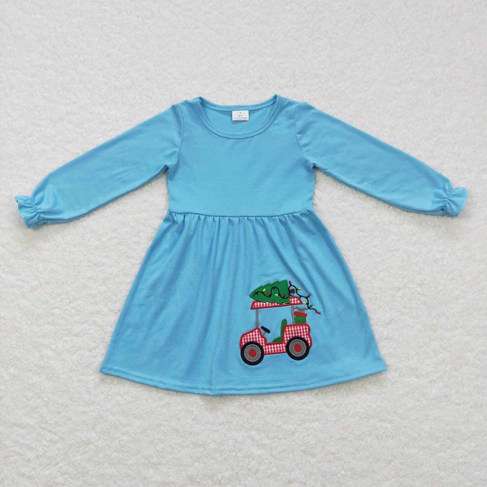 GLD0391 Embroidery Christmas Tree Sightseeing Car Light Blue Long Sleeve Dress
