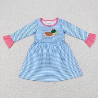 Sibling Baby Girls Embroidery Bow Ducks Blue Stripe Tunic Leggings Valentines Sets Dresses C11.11