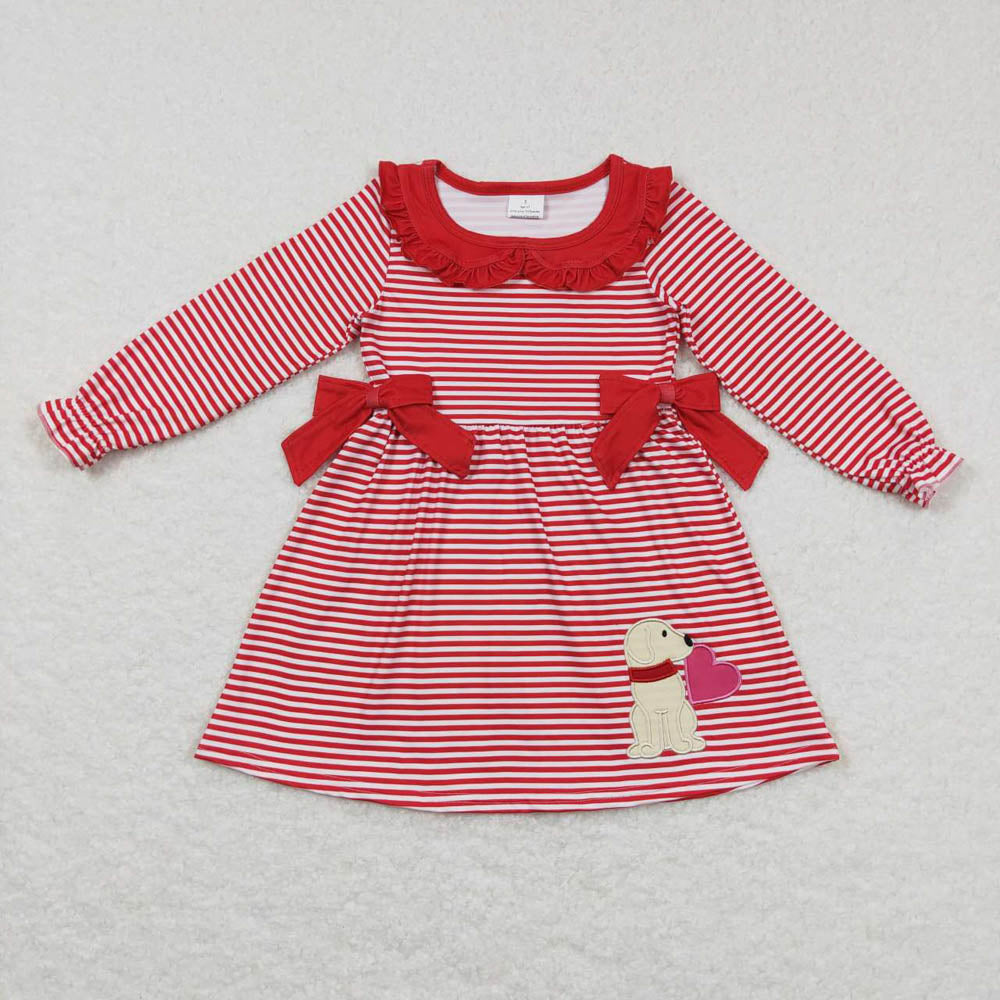 GLD0448 embroidery puppy love bow lace red and white striped dress