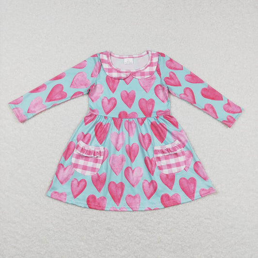 GLD0455 Love Pink Plaid Pocket Teal Long Sleeve Dress