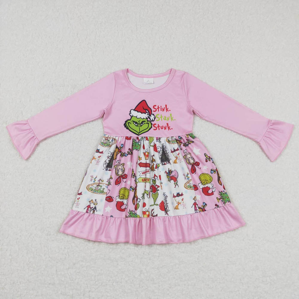 GLD0457grinch pink and white long-sleeved dress with cartoon letters