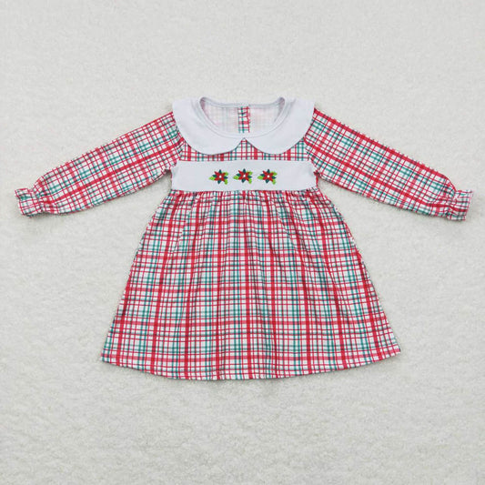 GLD0470 Embroidered Christmas Flower Embroidered Red Plaid Dress