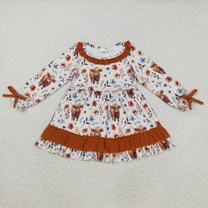 Sibling Baby Girls Highland Cows Flowers Ruffle Collar Western Knee Length Dresses Zipper Rompers C11.19