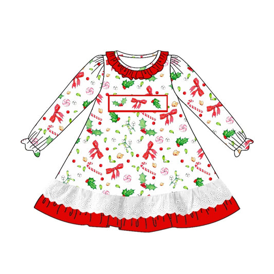 GLD0893 Baby Girls Christmas Holly Bows Knee Length Dresses Preorder