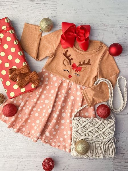 GLD0894 Baby Girls Christmas Reindeer Knee Length Dresses Preorder