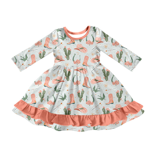 GLD0896 Baby Girls Western Boots Cactus Ruffle Knee Length Dresses Preorder