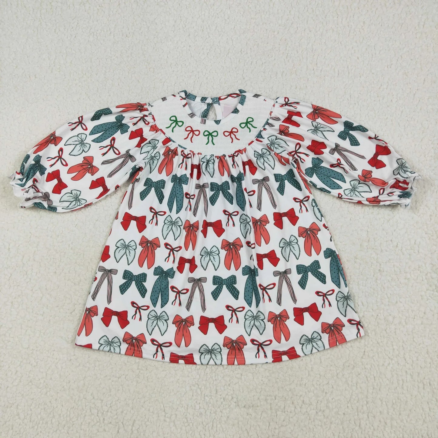 Sibling Baby Girls Green Red Bows Christmas Knee Length Dresses C9.2
