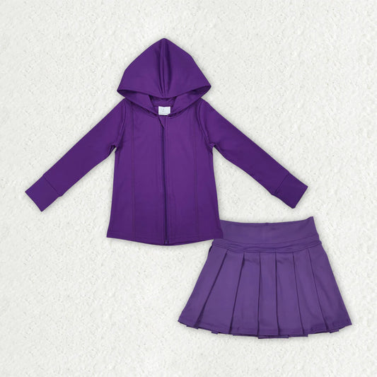 GT0807+GLK0086 Baby Girls Purple Long Sleeves Zipper Hoodies Top Skort Yoga Set 7.10