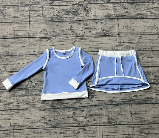 Sample GLD1483 Cute Yoga fabric Baby Girls Blue Long Sleeve Top Skirts Shorts Yoga Clothes Sets
