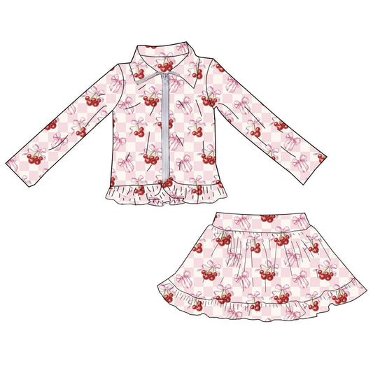 C12.5 GLD1560 Baby Girls Pink Checked Bow Cherry Zip Jackets Skirt Shorts Yoga Clothes Sets Preorder