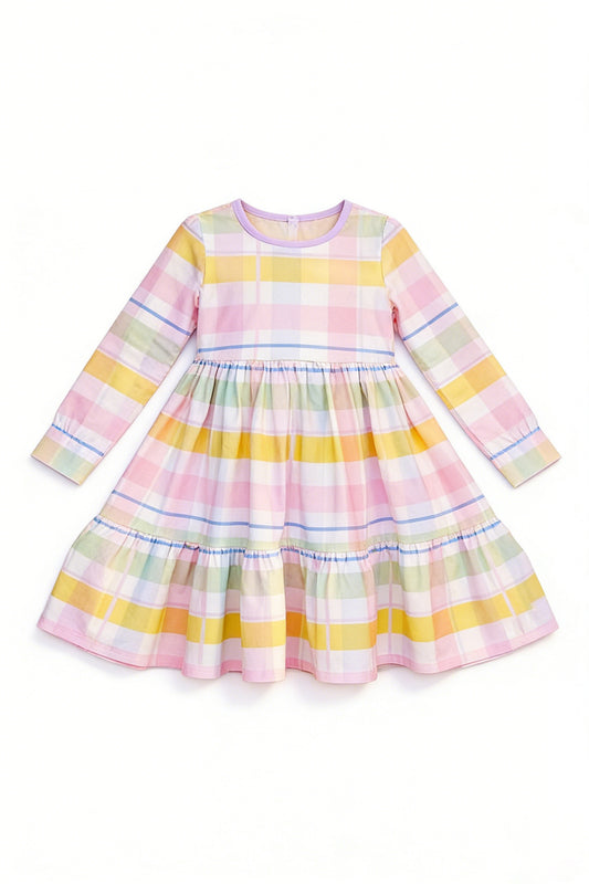 C12.13 GLD1569 Baby Girls Colorful Checked Patchwork Knee Length Dresses Preorder