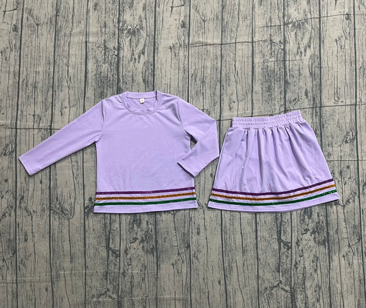 Sample GLD1573 Cute Baby Girls Purple Long Sleeve Mardigras Stripe Top Skirt Short Clothes Sets