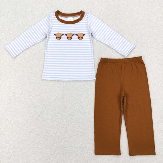 BLP0377 Embroidered bull head Blue and White striped long sleeve brown pants set