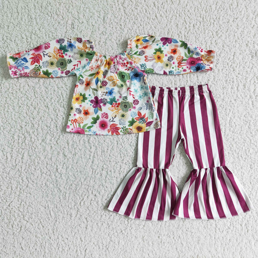 GLP0013 Girls Stripe Purple Floral Bell Outfits