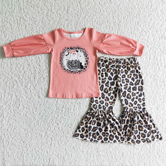 GLP0017 Halloween Girls Pumpkin Ghost Leopard Bell Outfits