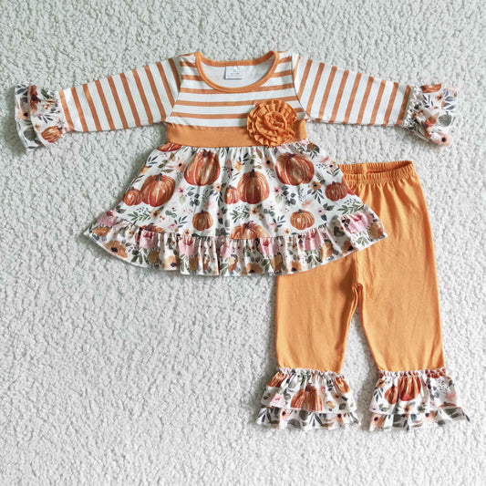 GLP0018 Girls Pumpkin Striped Ruffle Outfits