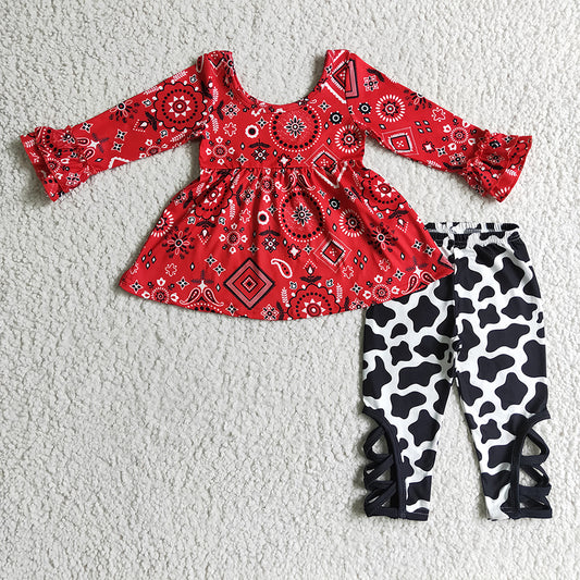 GLP0091 Baby girls red cow pants clothes set