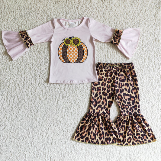 GLP0125 Fall Girl Sunflower Leopard Pumpkin Bell Outfit