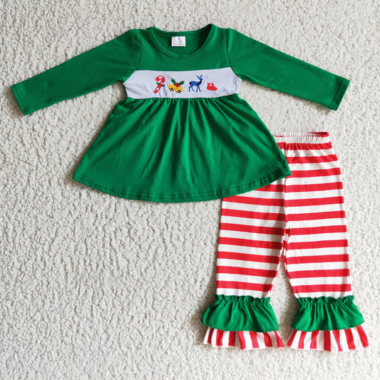 GLP0166 Christmas Girl Embroidered Bell Deer Striped Long Sleeve Outfit