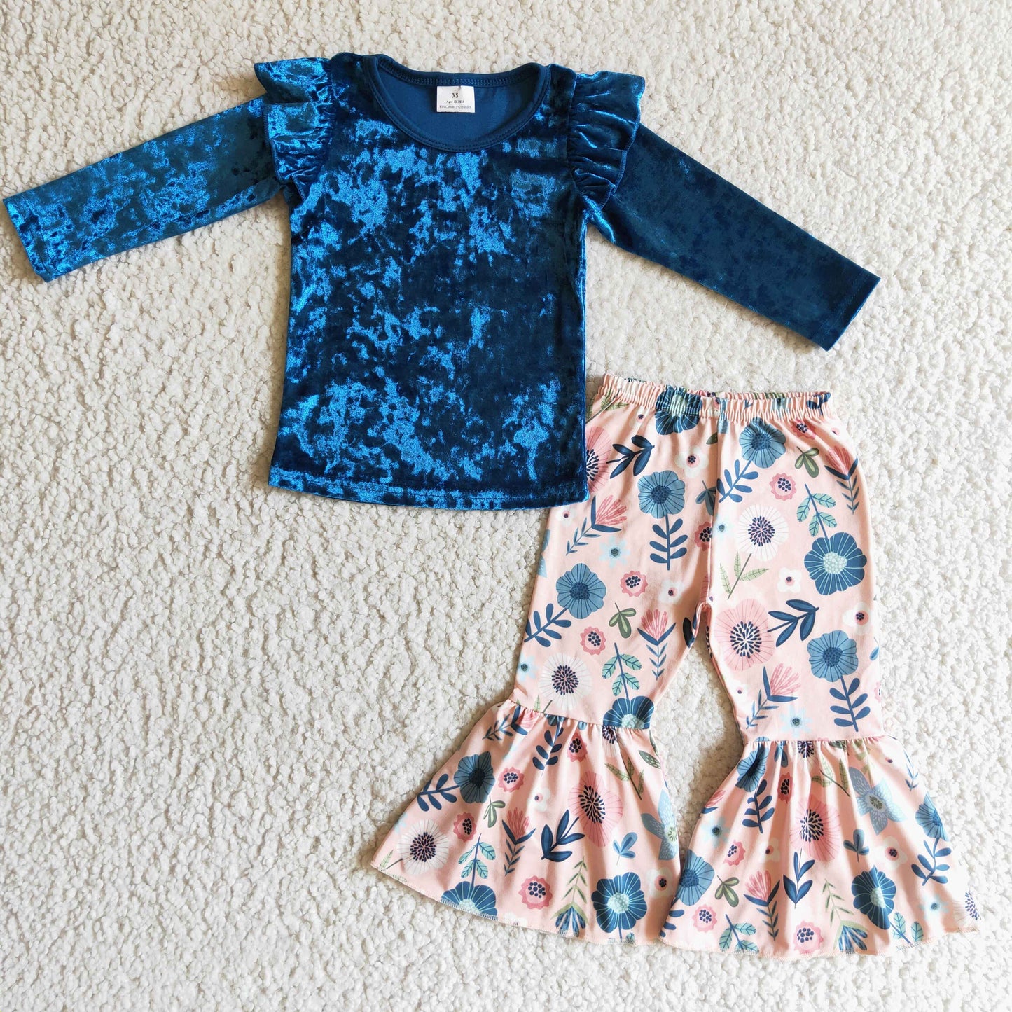 GLP0220 Baby Girls fall blue velvet tops bell pants clothing set