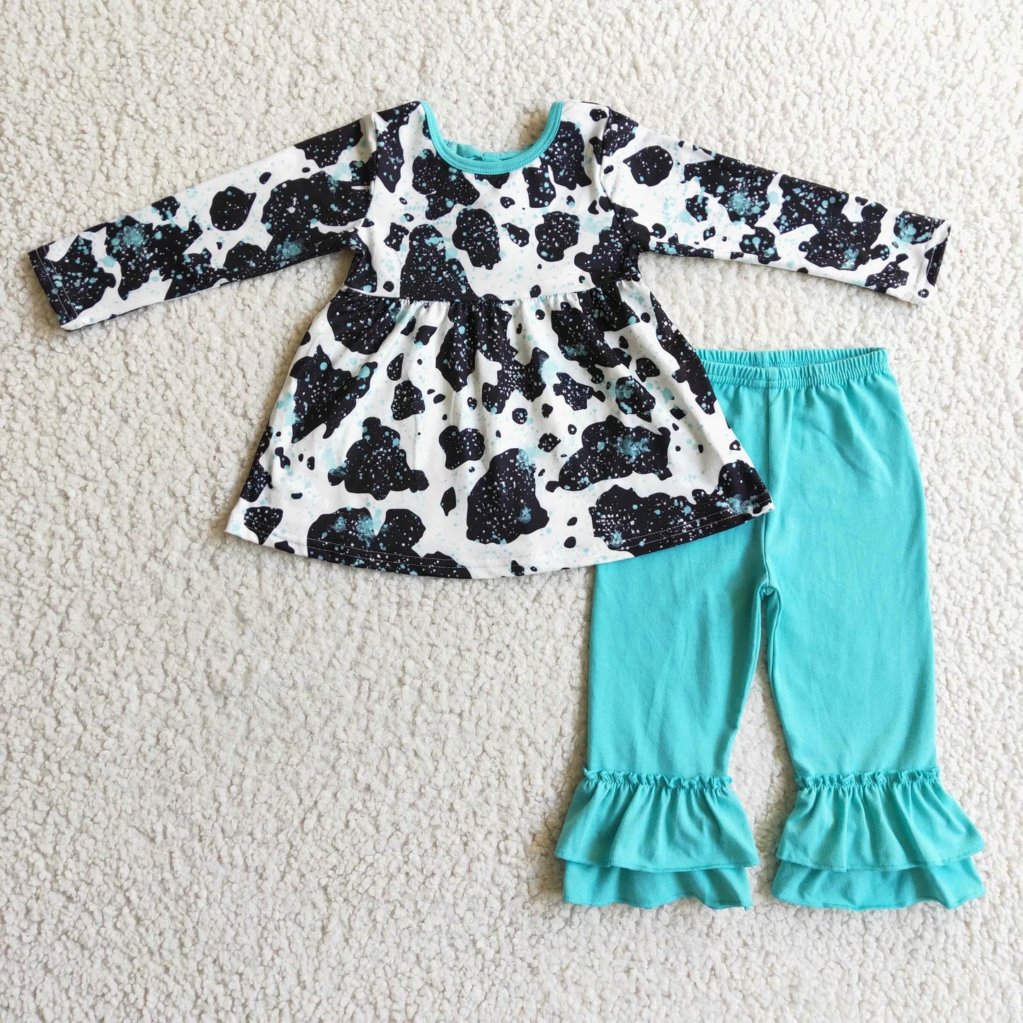Sibling Baby Girls Cow Turquoises Ruffle Pants Western Clothes Sets Knee Length Dress Rompers C12.2