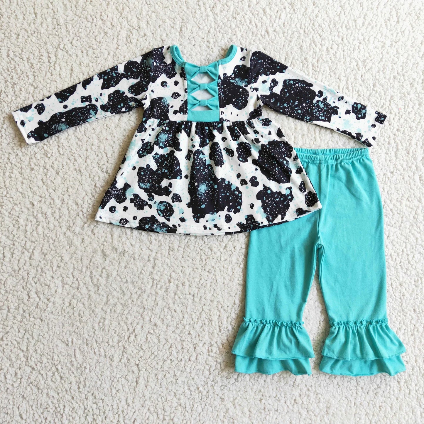 Sibling Baby Girls Cow Turquoises Ruffle Pants Western Clothes Sets Knee Length Dress Rompers C12.2