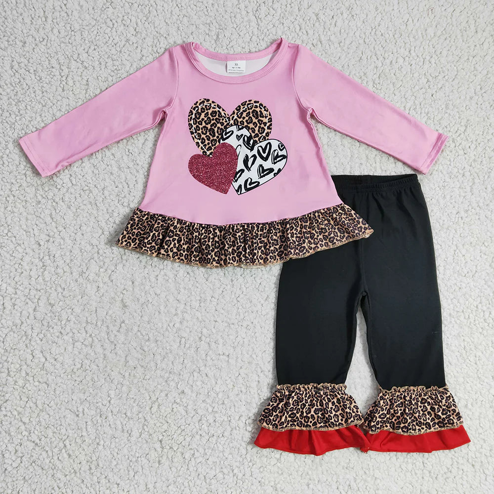 Sibling Baby Girls Leopard Hearts Tunic Ruffle Pants Valentines Clothes Set Footie Rompers C12.2